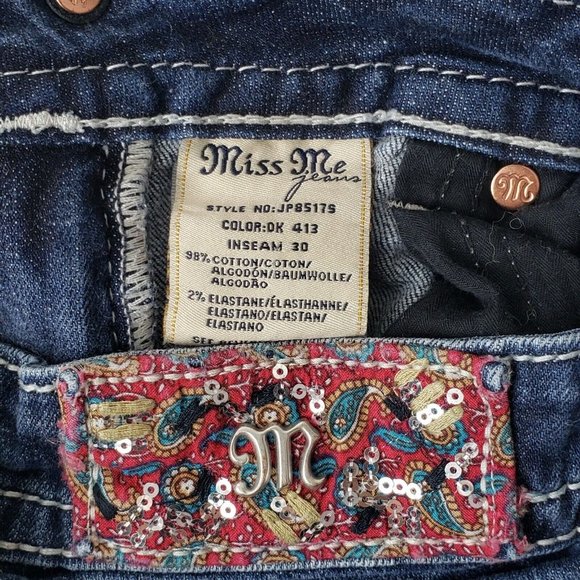 Miss Me Women's Signature Skinny  Jeans Blue Paisley Design Size 26 - Picture 7 of 8